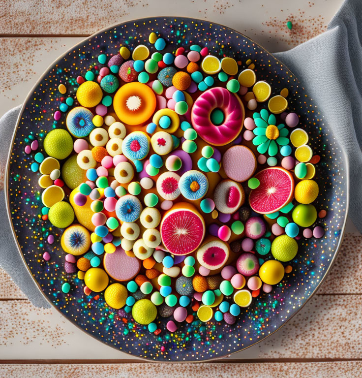 Assorted colorful candies and sweets on vibrant plate