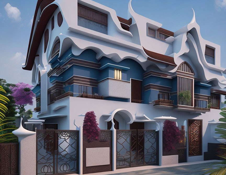 Whimsical two-story building with white walls and blue undulating roof lines