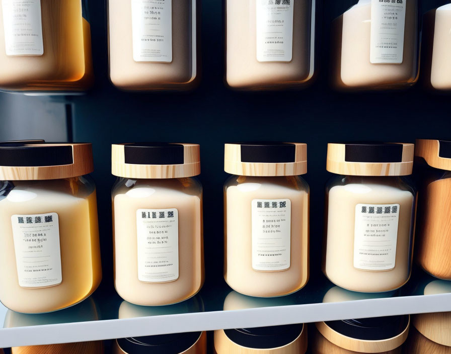 Sophisticated minimalist design: Elegant jars with golden lids and labels on shelves