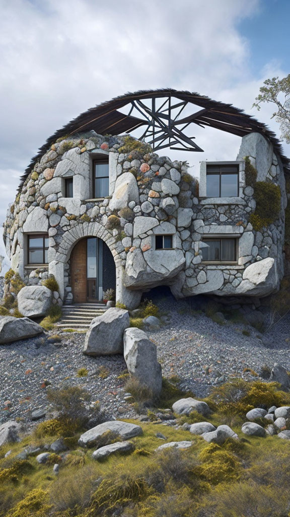 Rounded Stone House with Large Windows and Moss-Covered Facade