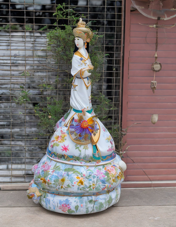 Porcelain figurine: Woman in Thai attire with floral patterns by window.