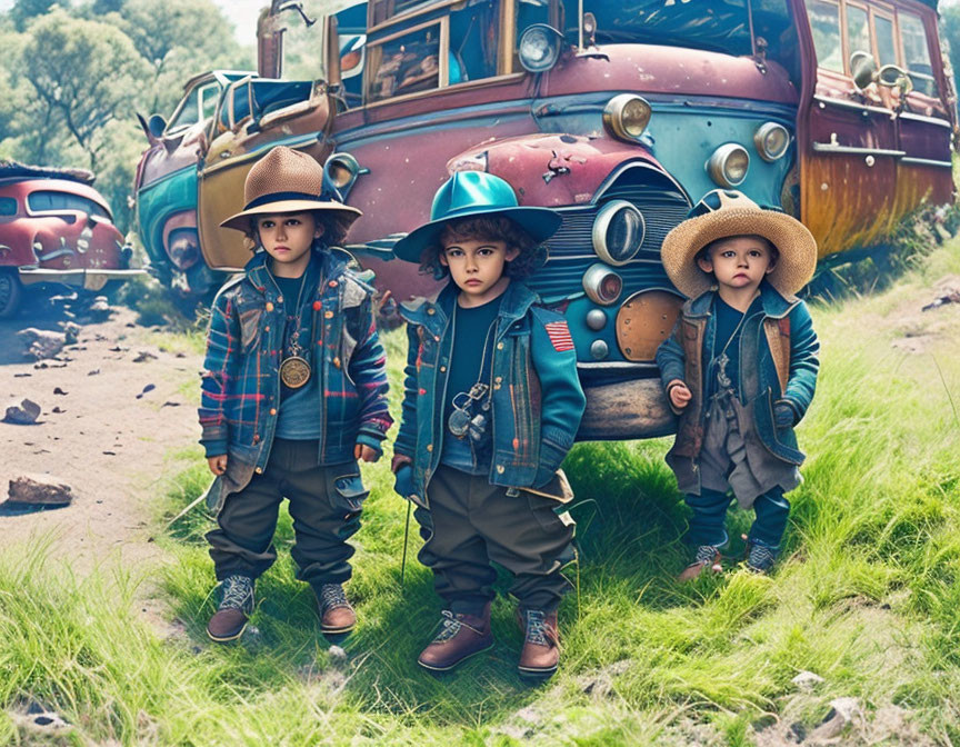 Three children in vintage explorer outfits by an old bus in a field