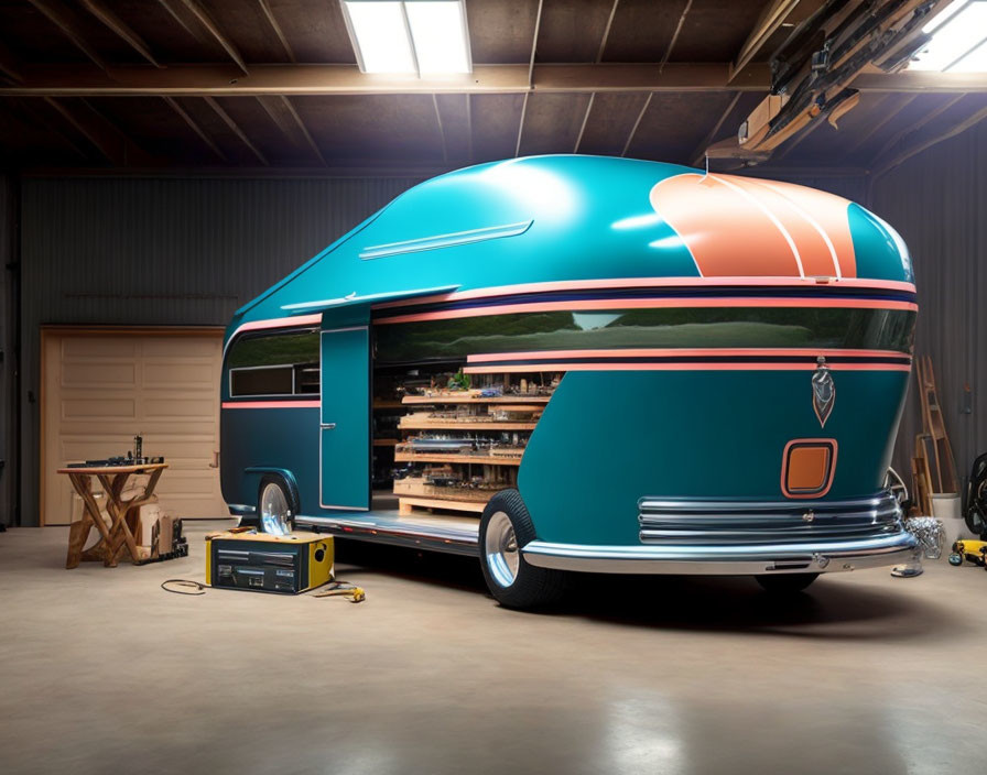 Retro-futuristic teal and orange camper trailer with tiered shelf interior in warehouse.