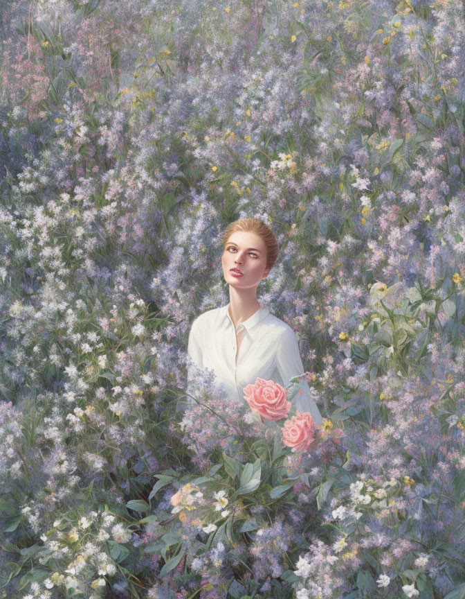 Woman in white blouse surrounded by pastel wildflowers and pink roses.