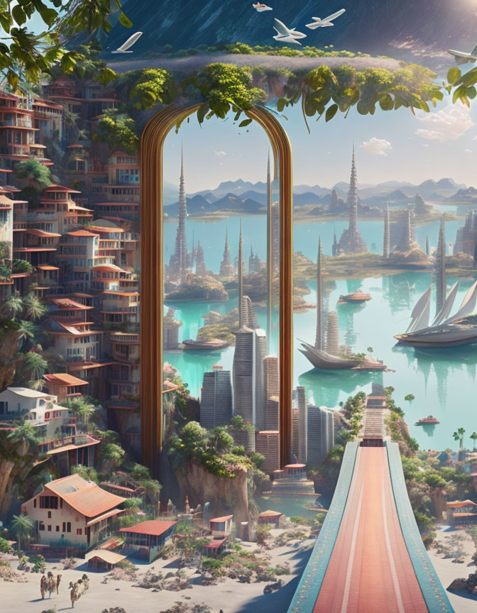 Futuristic cityscape with greenery, spires, waterfront, advanced architecture, and bridge.