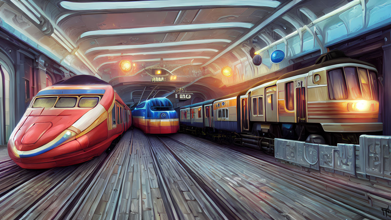 Colorful futuristic train station with sleek trains and dynamic lighting