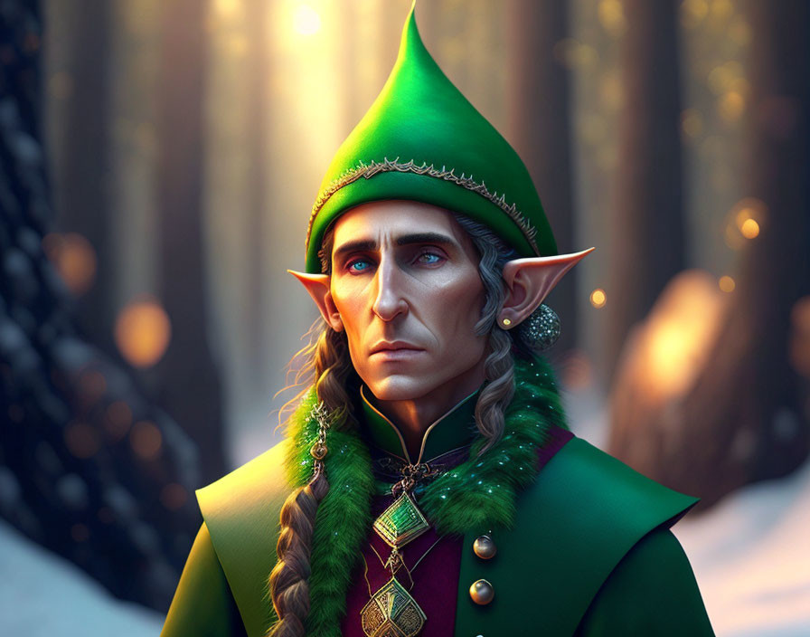 Elf digital artwork: Pointed ears, green attire, serious expression, snowy forest.