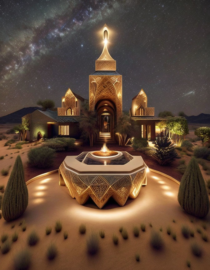 Intricately designed illuminated desert building with central fountain