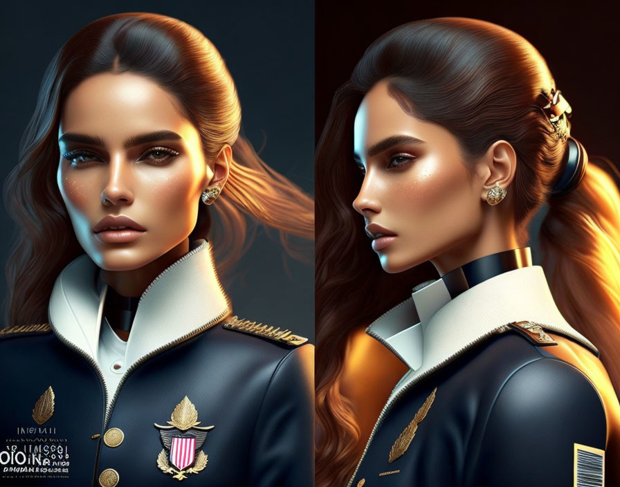 Woman with detailed makeup in military-style jacket poses on dark background