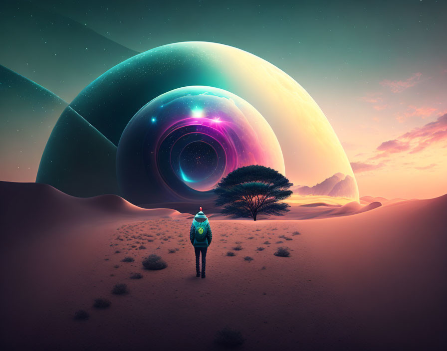 Person in desert looks at surreal oversized planet with glowing rings and colorful anomaly.