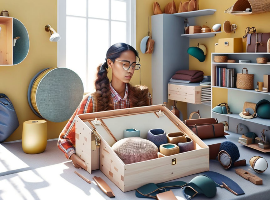 Woman in glasses examining large, open wooden box with compartments and objects in sunny room.