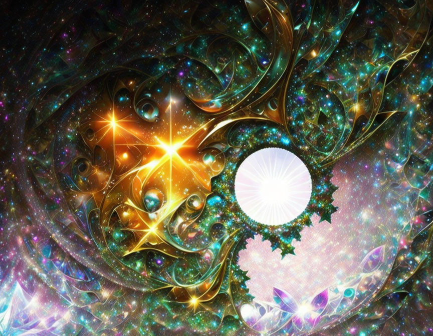 Colorful digital artwork: swirling fractal patterns, orbs, sparkles, and organic shapes in cosmic