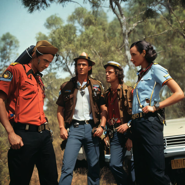 Four Uniformed Individuals in Forest with Vehicle