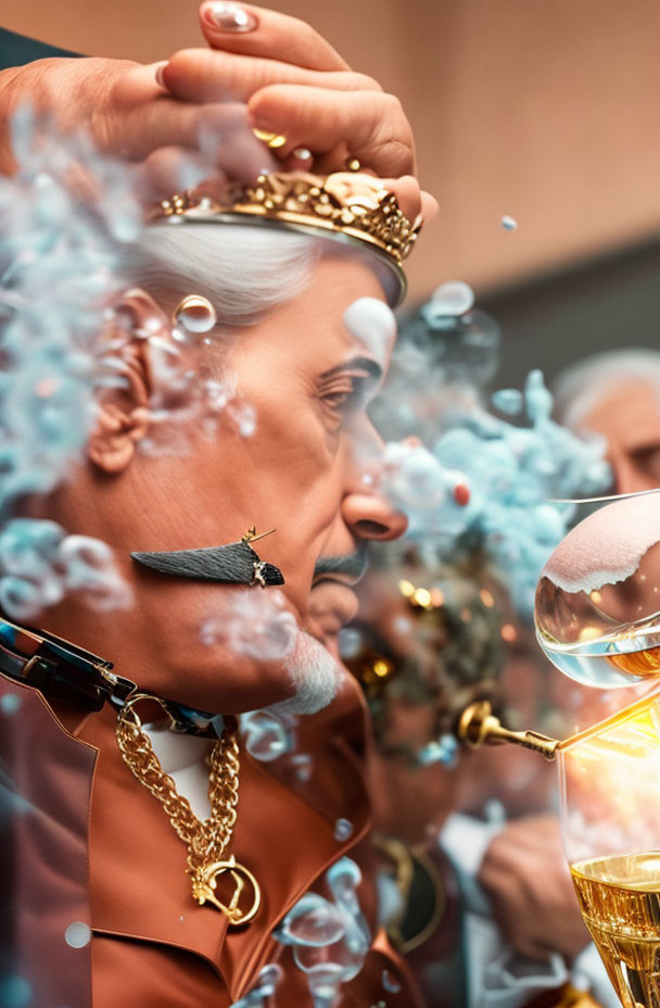 Man in King Costume Blowing Cloud and Airplane Shaped Smoke