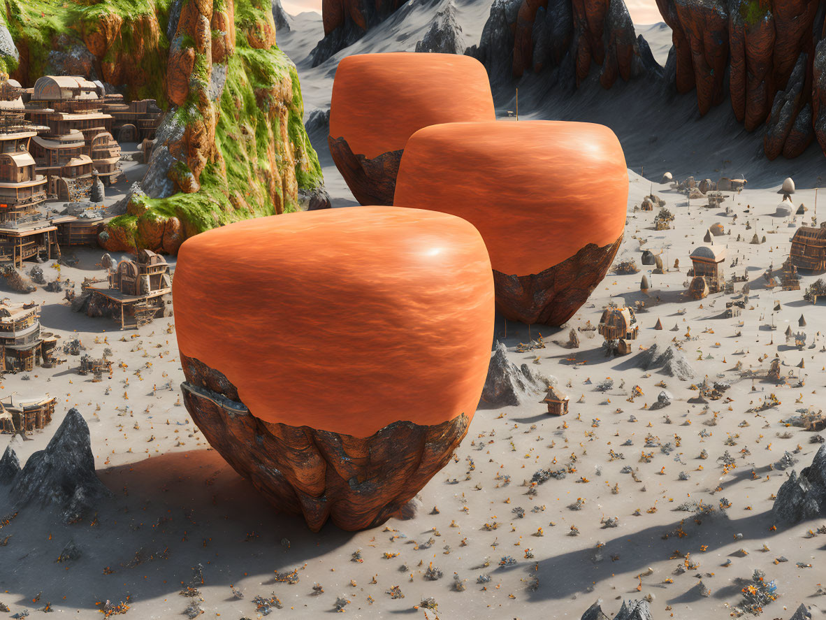 Fantastical landscape with floating terracotta-rock structures and desert village.