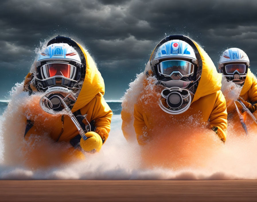 Astronaut-suited duo races jet skis under dramatic sky