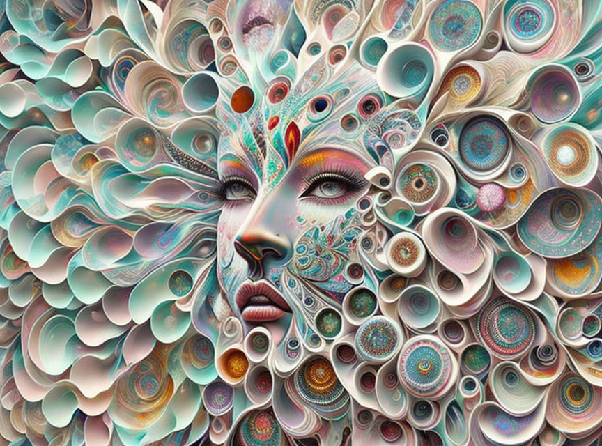 Colorful Psychedelic Digital Art: Woman's Face with Floral Patterns