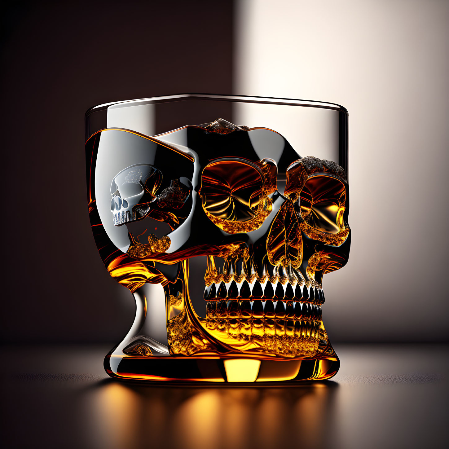 Skull Design Glass with Amber Liquid and Ice Cubes on Dark Background