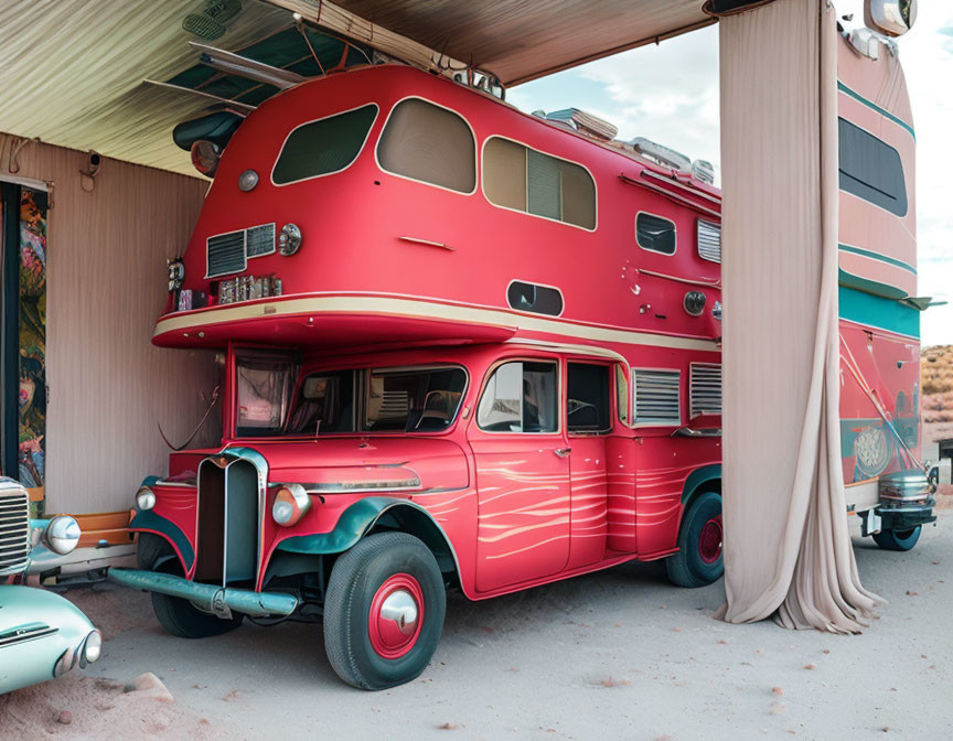 Vintage Red and Silver Double-Decker Bus RV with Retro Decor