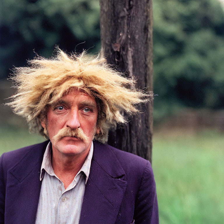 Messy hair man in formal jacket with mustache against greenery.