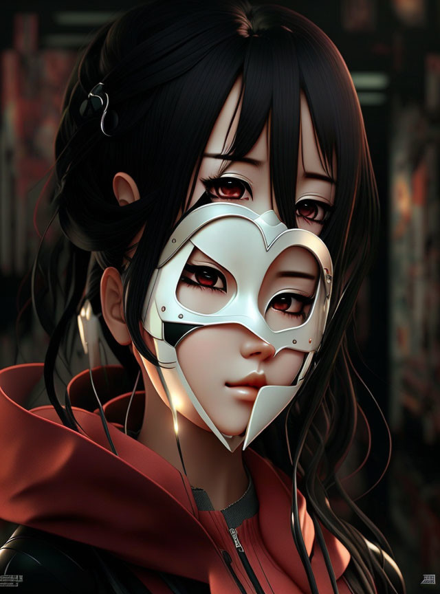 Digital artwork: Woman with dark hair, white heart-shaped mask, industrial backdrop