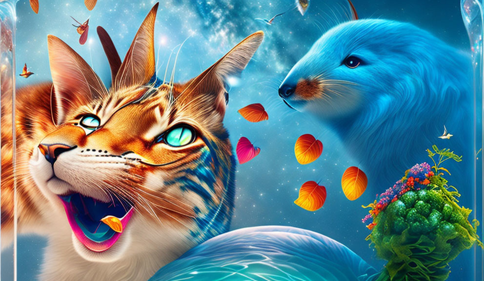 Colorful digital artwork: whimsical cat with blue fox, orange butterflies, underwater and sky elements