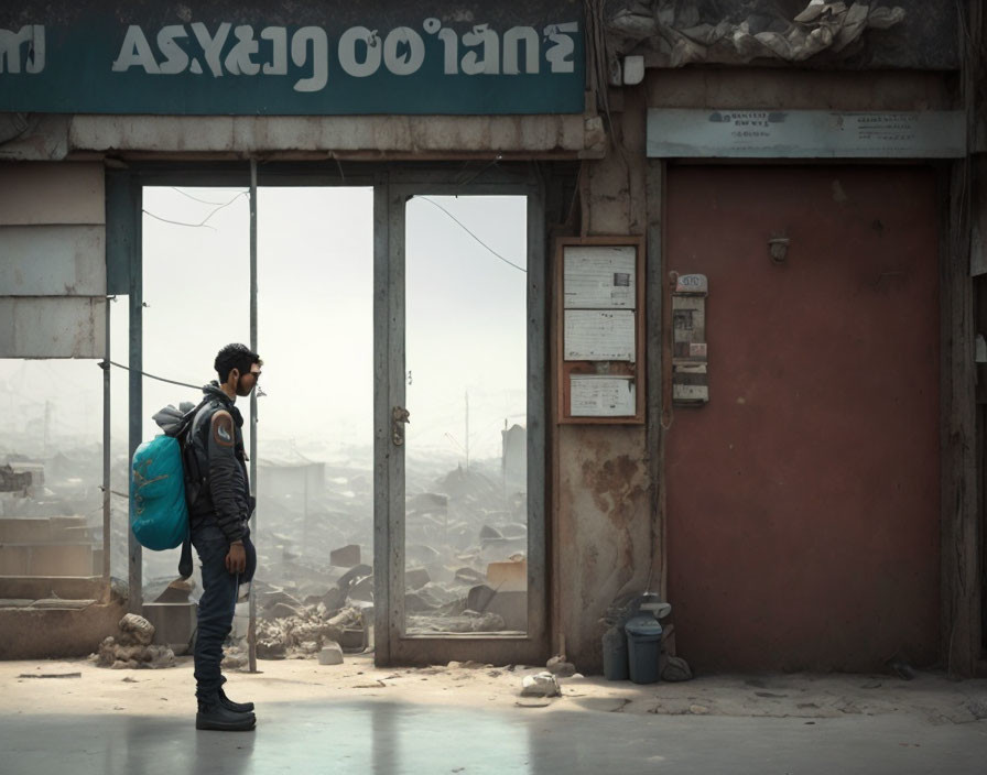 Backpack-wearing person by open doorway in rundown building overlooking hazy landscape