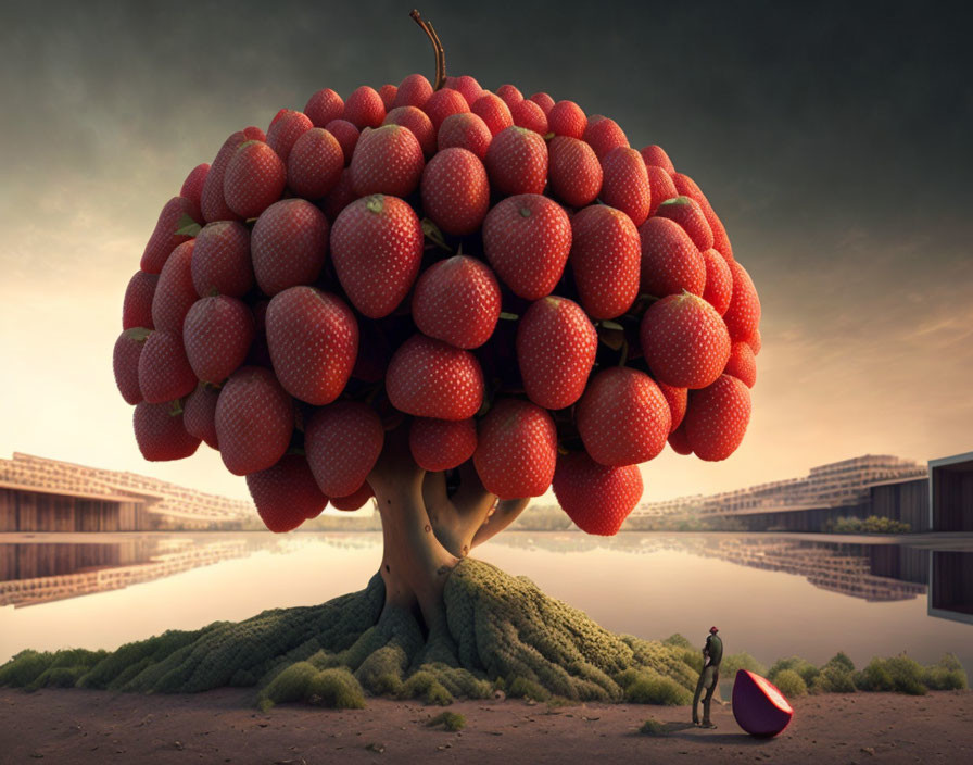 Surreal image: Giant strawberry tree, person, halved strawberry, lake, modern structures