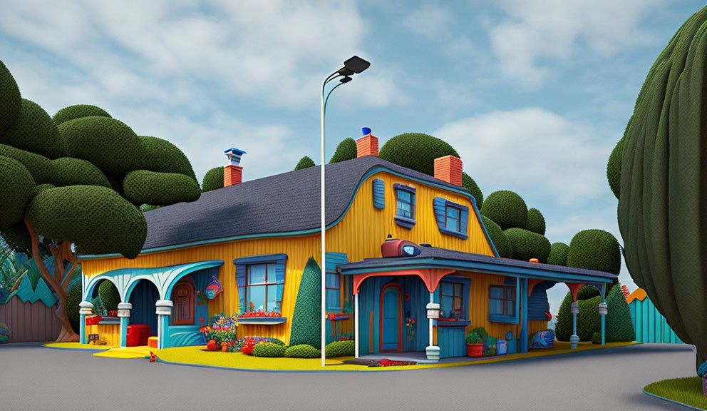 Colorful Cartoon-Style House with Yellow Walls and Blue Door