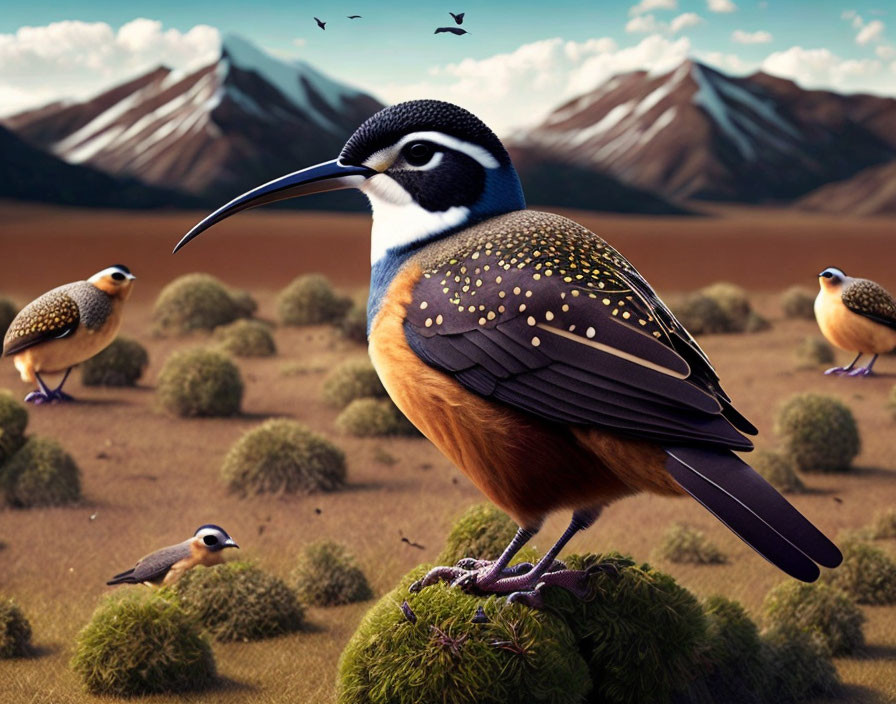 Colorful Bird Illustration on Mossy Ground with Mountains