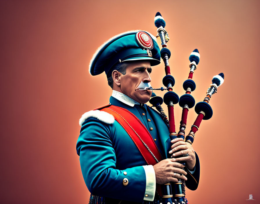 Ceremonial uniformed man plays bagpipes on orange backdrop