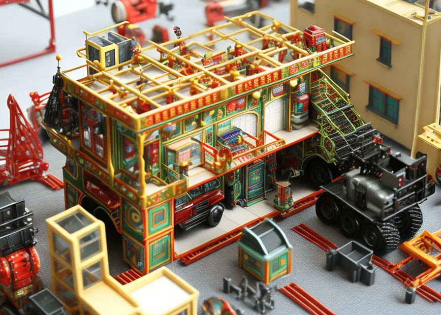 Colorful miniature construction site with workers, trucks, crane