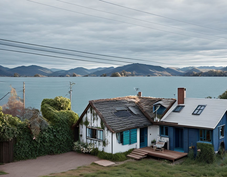 White and Blue Thatched Roof House by Serene Lake and Hills