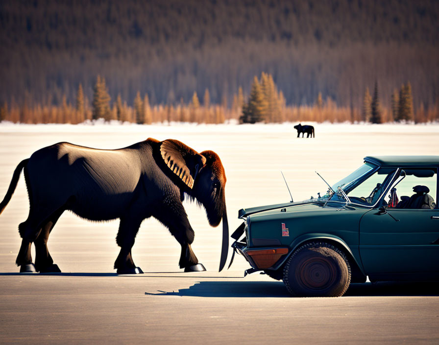 Vintage Car Parked on Icy Surface with Muskoxen