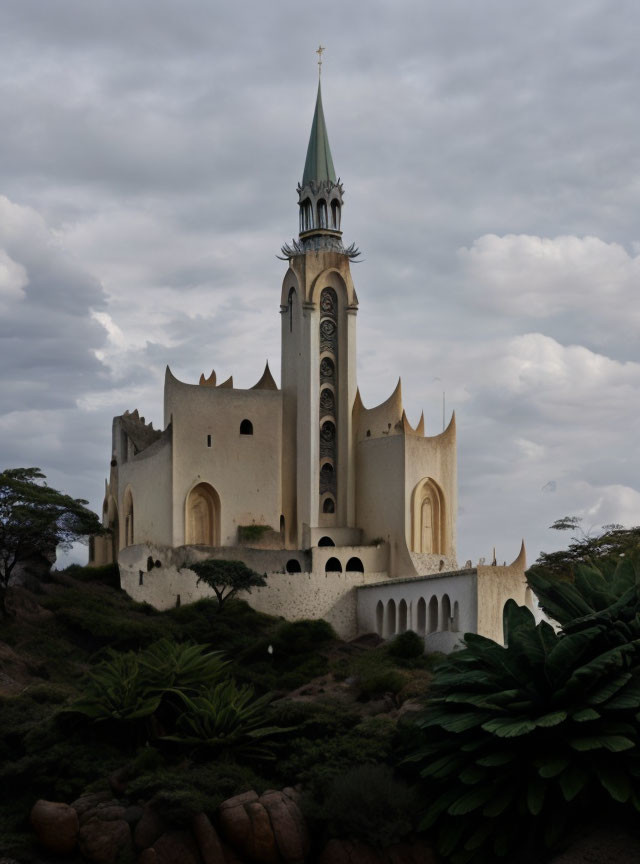 Majestic church with spire and arches in rocky landscape.