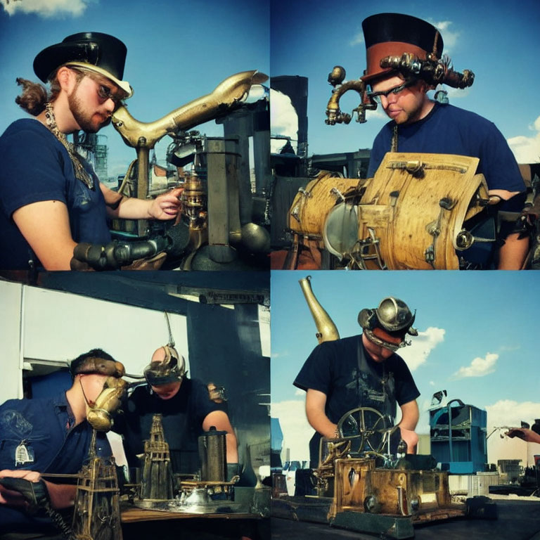 Steampunk man in top hat and goggles crafting outdoors