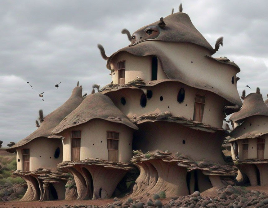 Fantasy architecture with mushroom-like structures and a large eye under cloudy sky