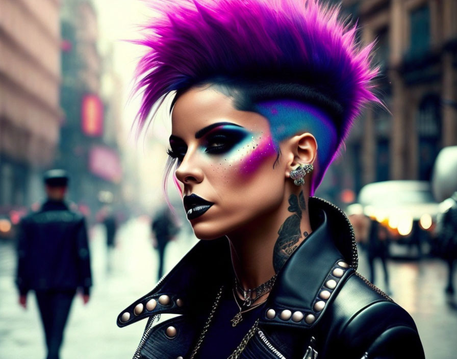 Vibrant Purple Mohawk and Colorful Makeup in Leather Jacket Pose