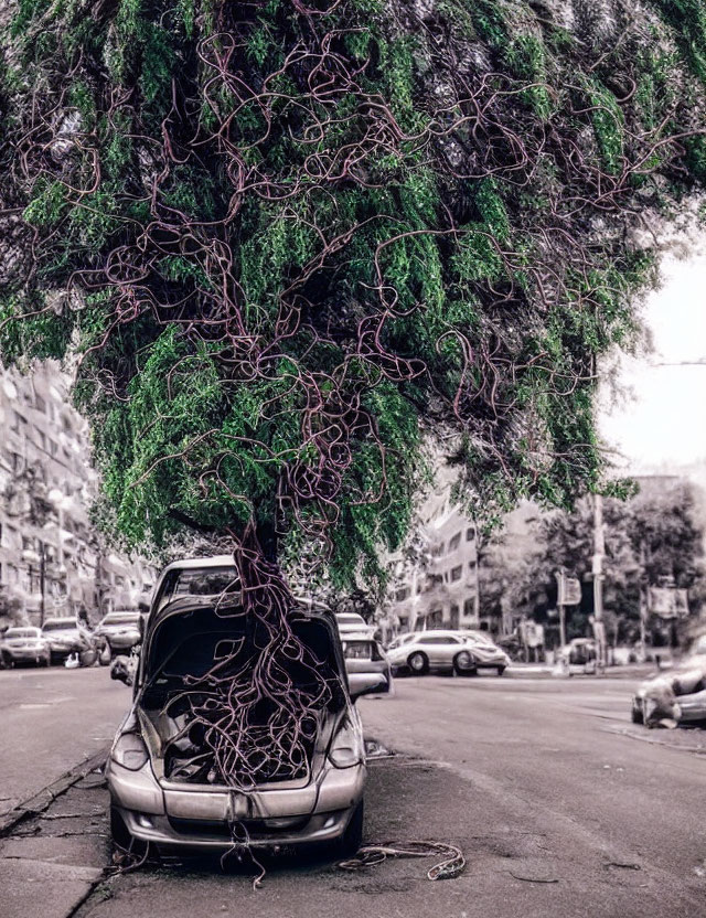 Vehicle covered in greenery parked on city street with open hood blending with tree.