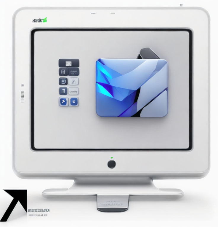 White desktop computer with large display screen and graphics application icon.