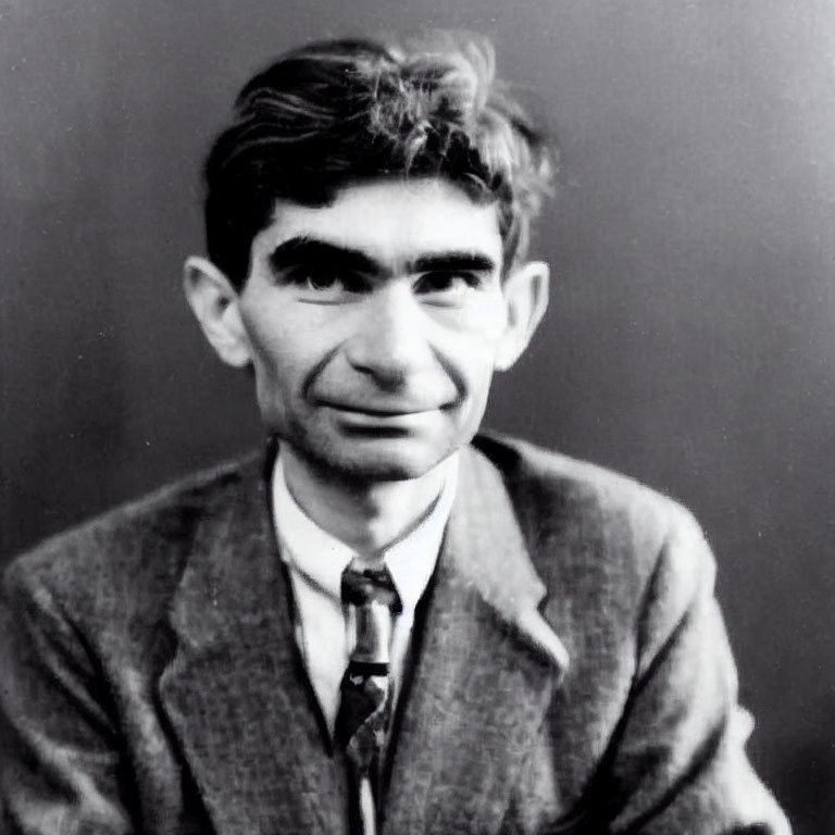 Monochrome portrait of man with dark hair and tie, direct gaze