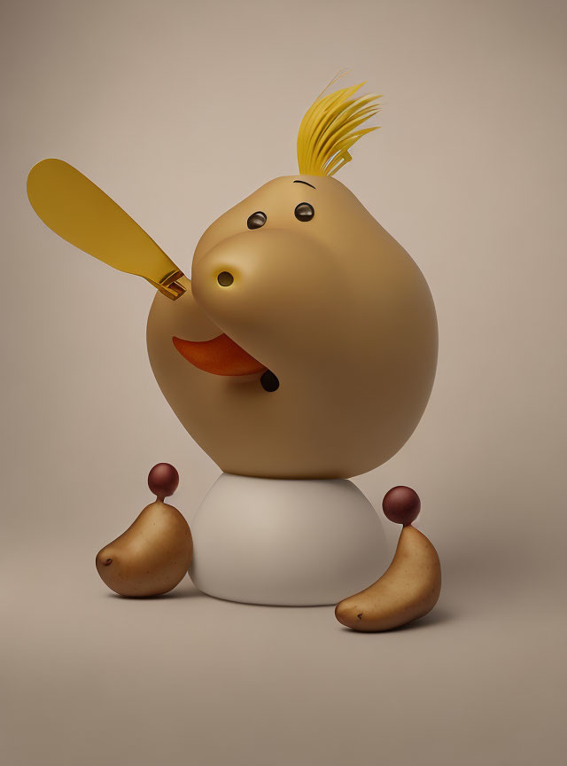 Whimsical character with beige egg-shaped body and wooden spoon