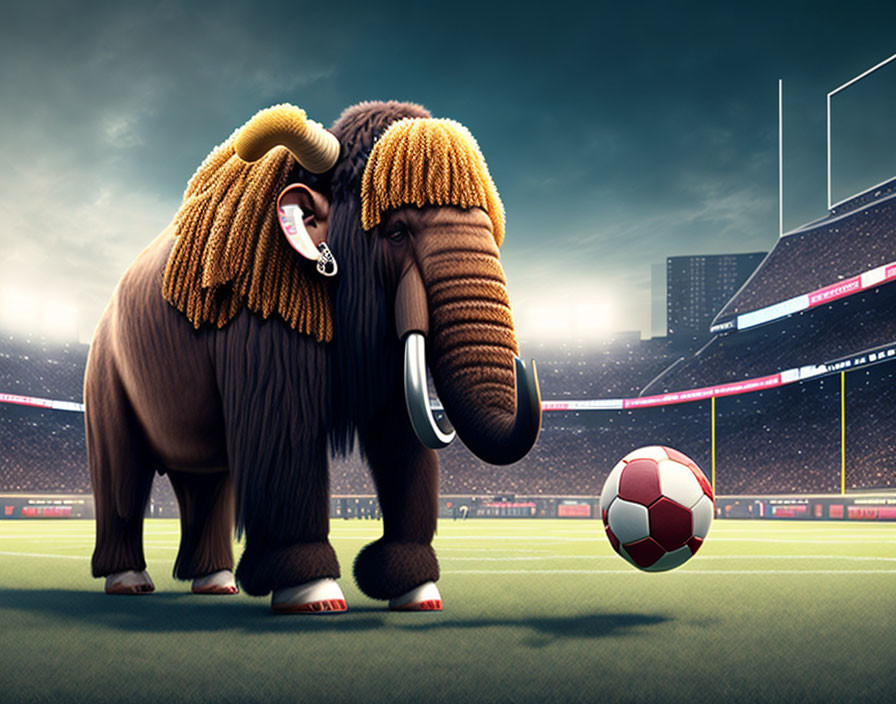 Stylized elephant with shaggy mane on soccer field in bright stadium.