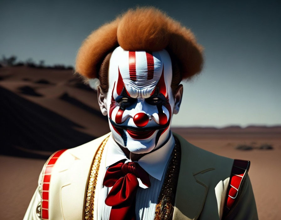 Clown in red and white makeup with orange wig in desert