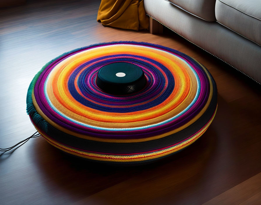 Colorful round woven rug with black speaker on wooden floor next to grey sofa with yellow cushion