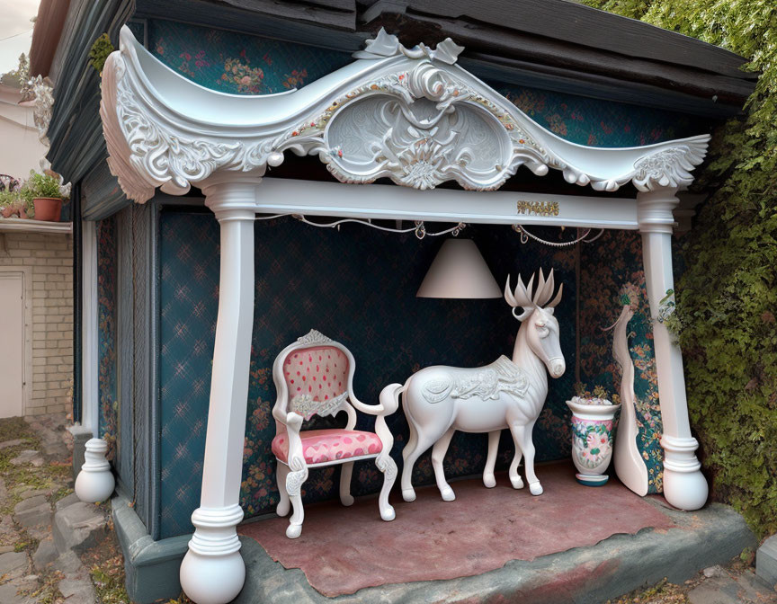 Decorative outdoor alcove with white columns, stag sculpture, armchair, and floral pot