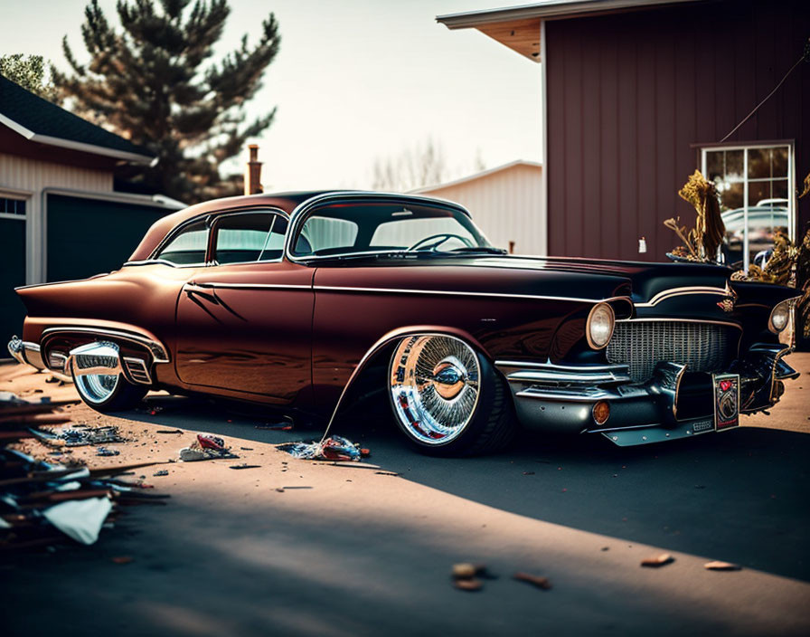 Vintage Brown Classic Car with White-Wall Tires and Tailfins