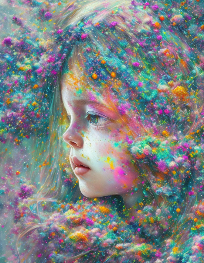 Colorful cosmic speckles and floral hair blend in dreamy portrait