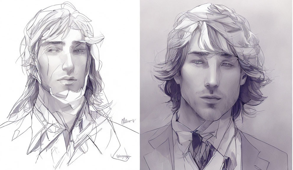 Two sketches of a man with shoulder-length wavy hair, one detailed with shading.