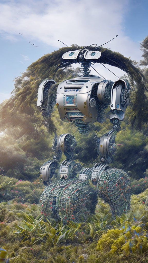 Whimsical humanoid robot with tree-like head in lush greenery